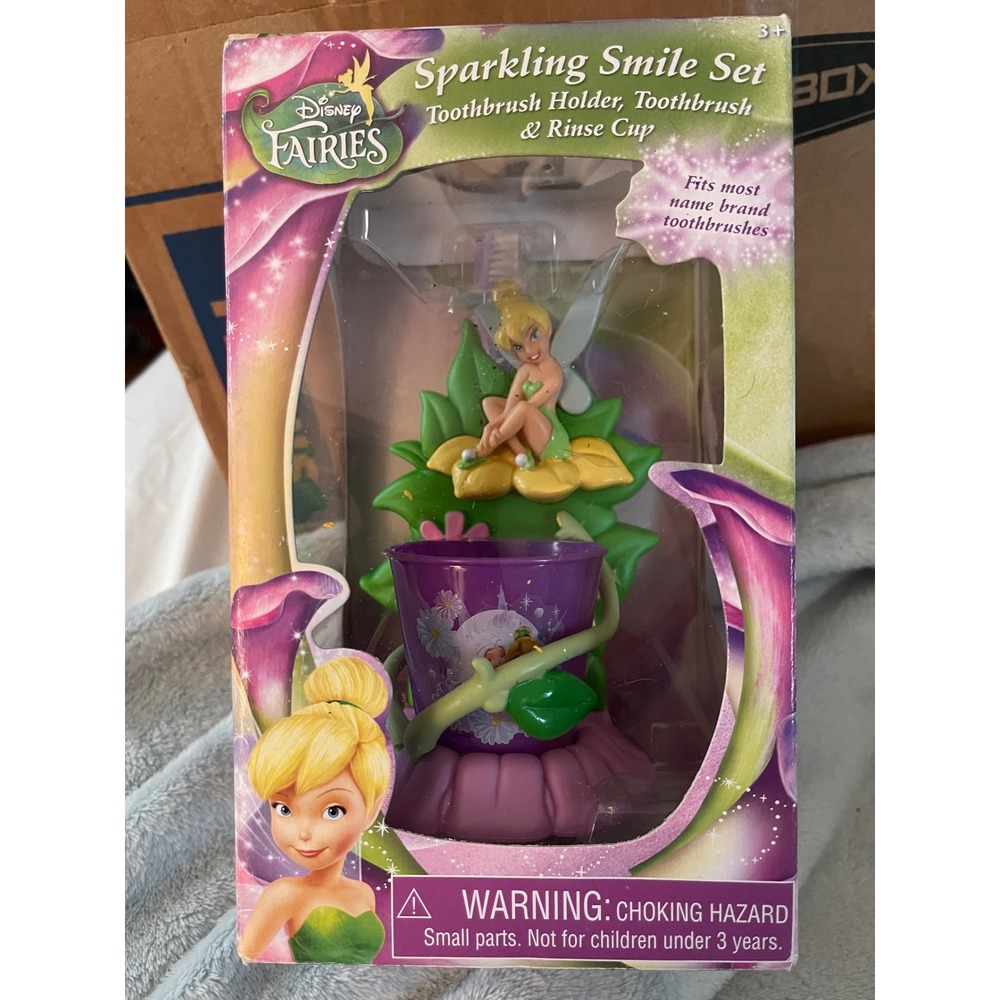 Disney Fairies Tinker Bell Sparkling Smile Toothbrush Holder Rinse Cup Set New
